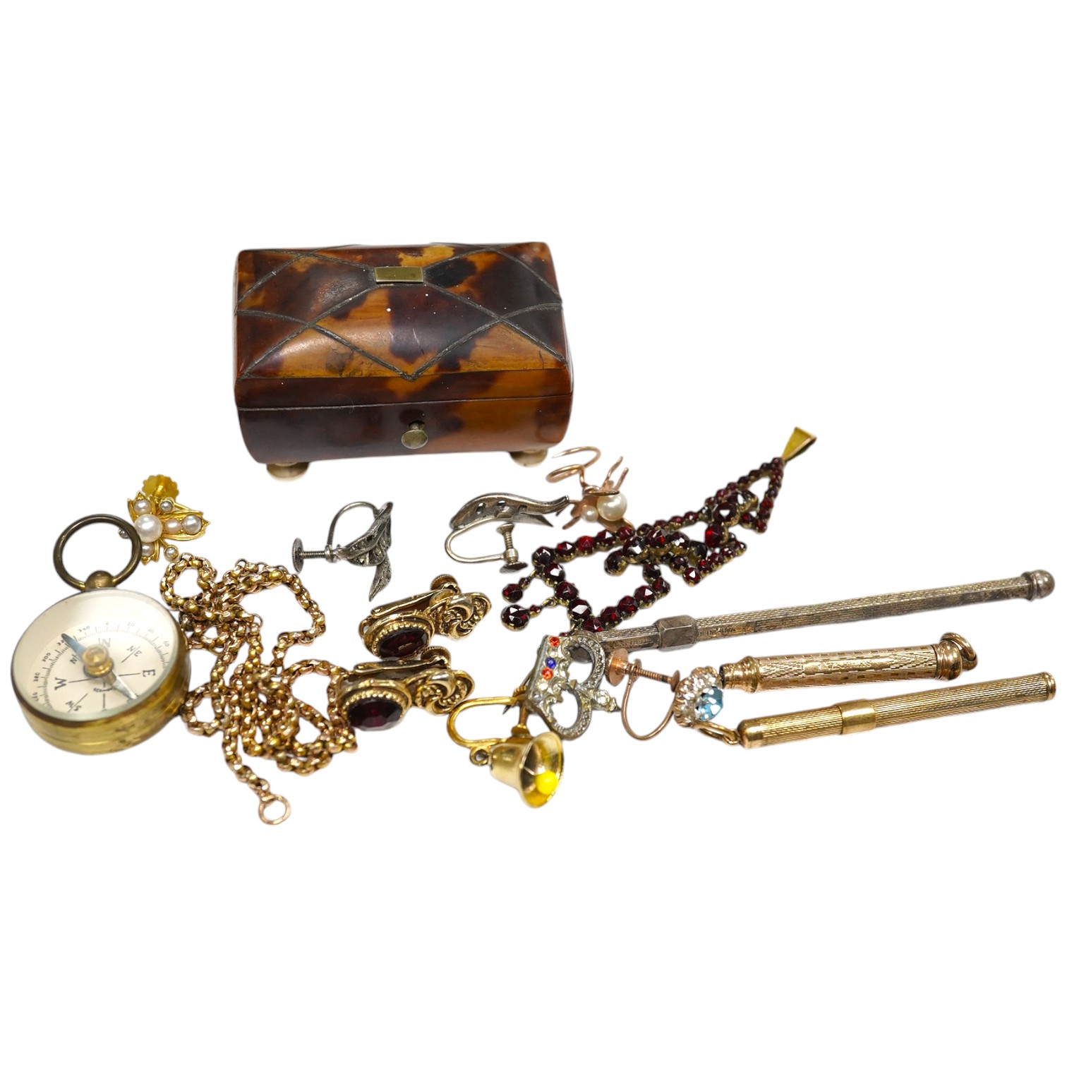 A 9ct chain, 36cm, 5.1 grams, together with sundry other items including costume jewellery, tortoiseshell box and a modern Asprey & Co Ltd 9ct gold cased propelling toothpick. Condition - poor to fair